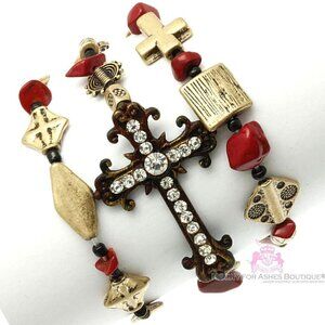 Rustic Cross Clear Crystal Red Metal Beaded Triple Stretch Bracelet Set of 3